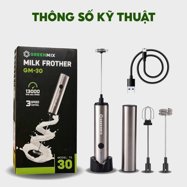 Máy tạo bọt cà phê microfoam, máy đánh trứng mini cầm tay THE GARDEN x GREENMIX GM-30 - 3 đầu đánh bọt, inox 304