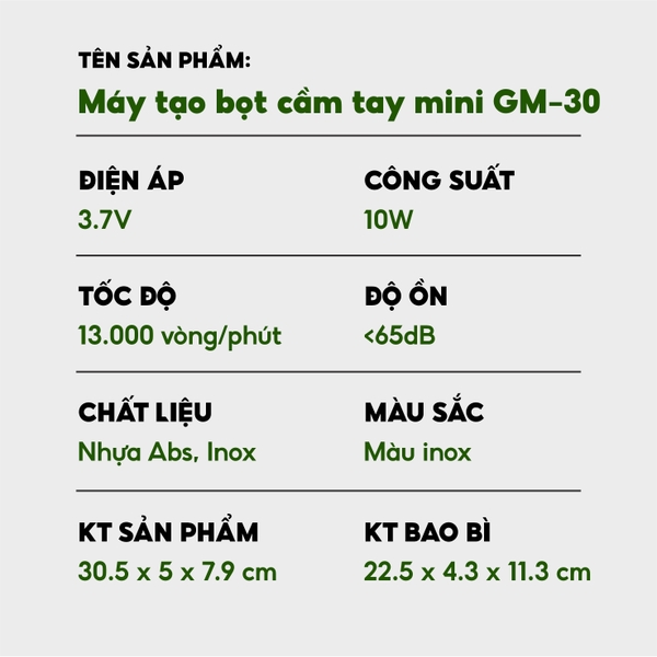 Máy tạo bọt cà phê microfoam, máy đánh trứng mini cầm tay THE GARDEN x GREENMIX GM-30 - 3 đầu đánh bọt, inox 304