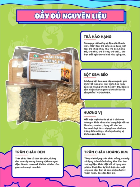 COMBO 5 SET TRÀ SỮA NẤU 50-60 LY (Đường đen, matcha, chocolate, khoai môn, việt quất) - TẶNG 10 Ống hút, 5 túi lọc trà, công thức nấu - THE GARDEN - Tea, trà