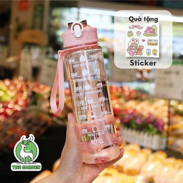 Bình nhắc nhở uống nước có ống hút, vạch chia màu | Dung tích 900ml