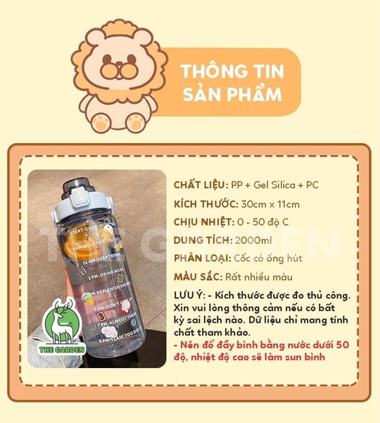 Bình nhắc nhở uống nước có ống hút, vạch chia màu | Dung tích 2000ml
