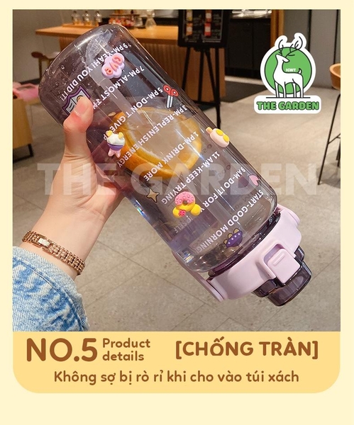Bình nhắc nhở uống nước có ống hút, vạch chia màu | Dung tích 2000ml