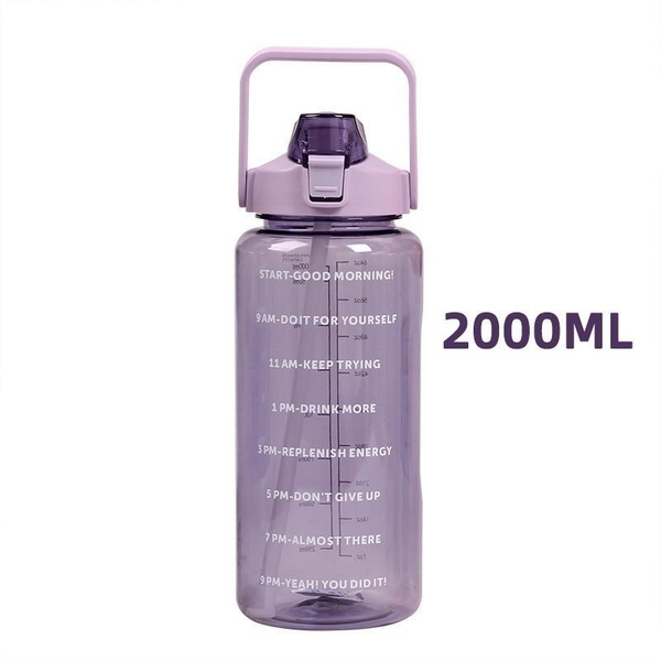 Bình nhắc nhở uống nước có ống hút, vạch chia màu | Dung tích 2000ml