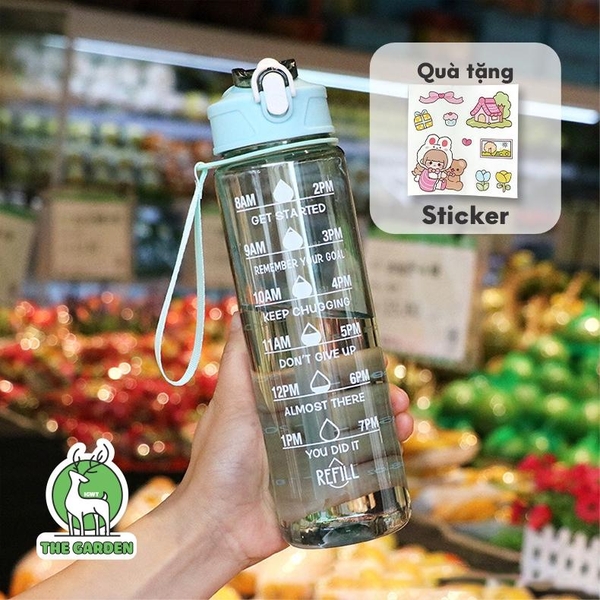 Bình nhắc nhở uống nước có ống hút, vạch chia màu | Dung tích 900ml