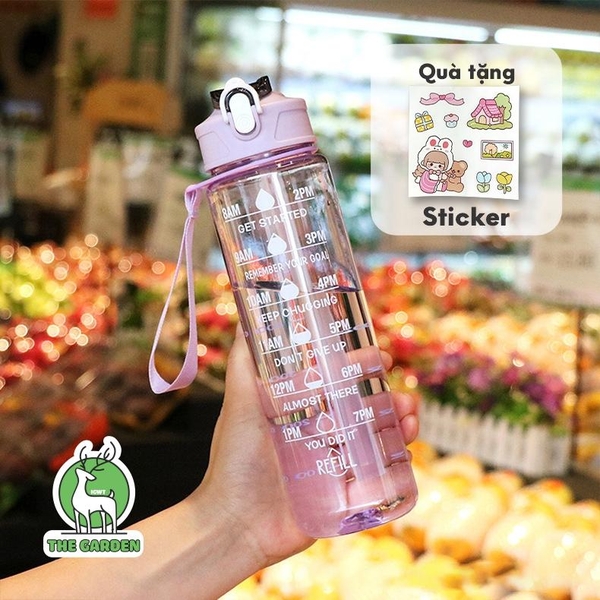 Bình nhắc nhở uống nước có ống hút, vạch chia màu | Dung tích 900ml