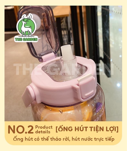 Bình nhắc nhở uống nước có ống hút, vạch chia màu | Dung tích 2000ml