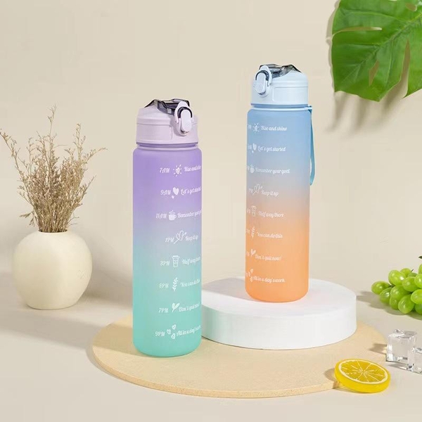 Bình nhắc nhở uống nước có ống hút, vạch chia màu | Dung tích 900ml