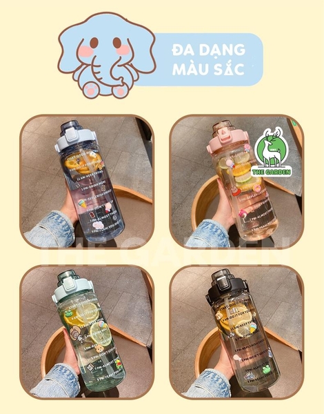 Bình nhắc nhở uống nước có ống hút, vạch chia màu | Dung tích 2000ml