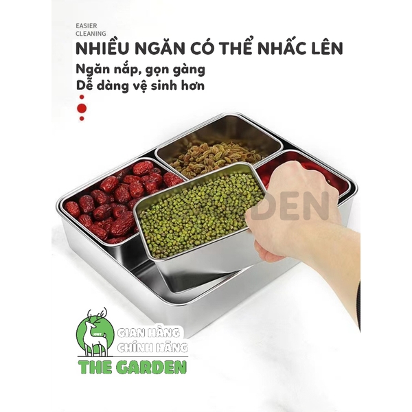 Bộ khay inox 304 THE GARDEN đựng topp g - gia vị  6 và 8 ngăn có nắp nhựa