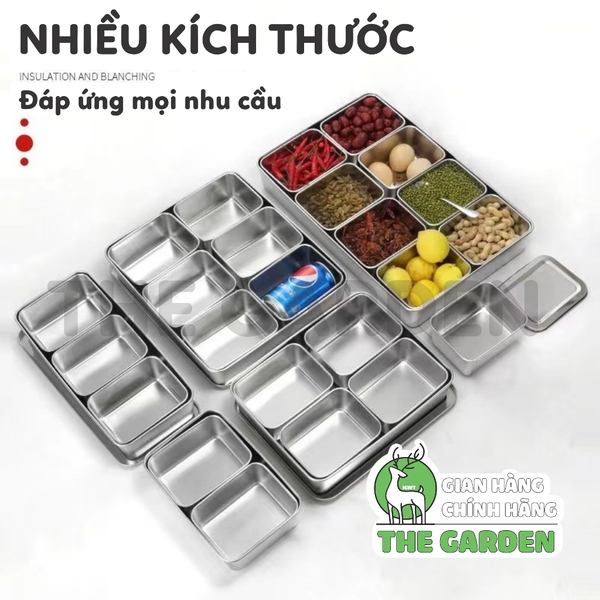 Bộ khay inox 304 THE GARDEN đựng topp g - gia vị  6 và 8 ngăn có nắp nhựa
