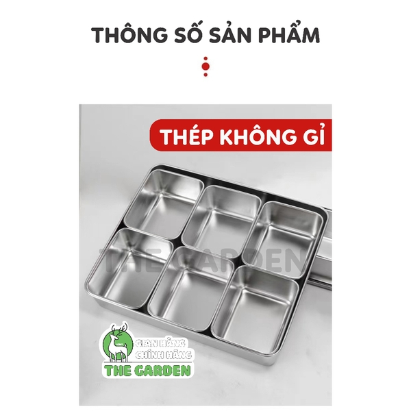 Bộ khay inox 304 THE GARDEN đựng topp g - gia vị  6 và 8 ngăn có nắp nhựa
