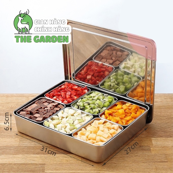 Bộ khay inox 304 THE GARDEN đựng topp g - gia vị  6 và 8 ngăn có nắp nhựa