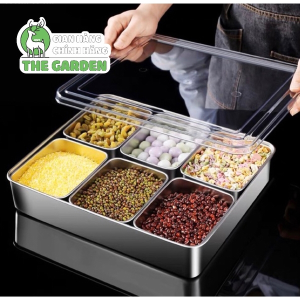 Bộ khay inox 304 THE GARDEN đựng topp g - gia vị  6 và 8 ngăn có nắp nhựa