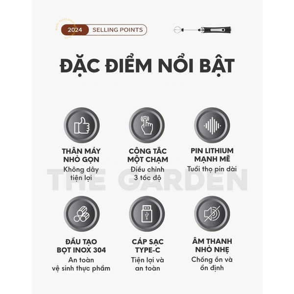 Máy tạo bọt sữa đa năng WHISK | 2 đầu đánh | 3 tốc độ | Sạc USB