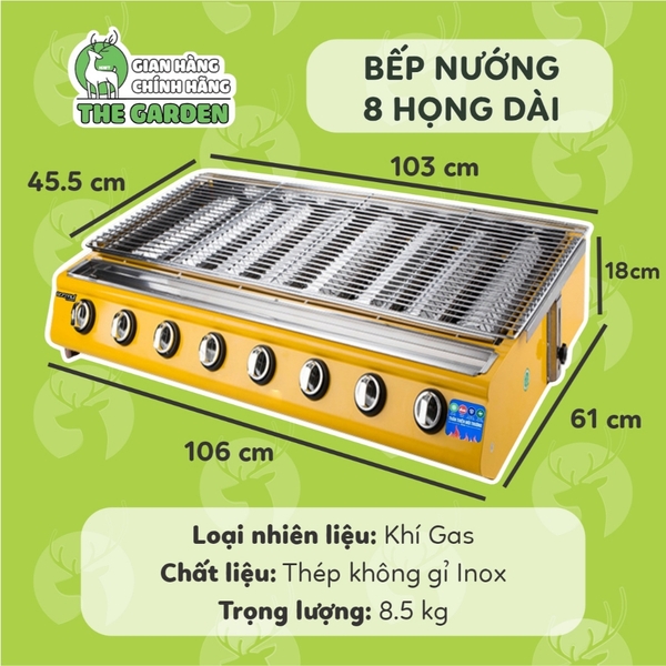 Bếp nướng Gas không khói THE GARDEN BN-08D | 8 HỌNG DÀI