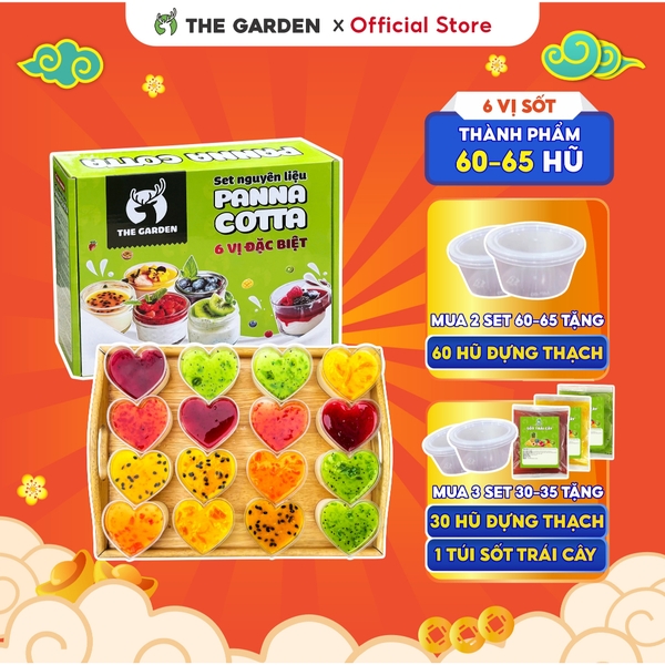 Set nguyên liệu Panna Cotta THE GARDE 60-65 hũ | 6 vị Dâu, Chanh leo, Việt Quất, Xoài, Đào, Dâu tằm