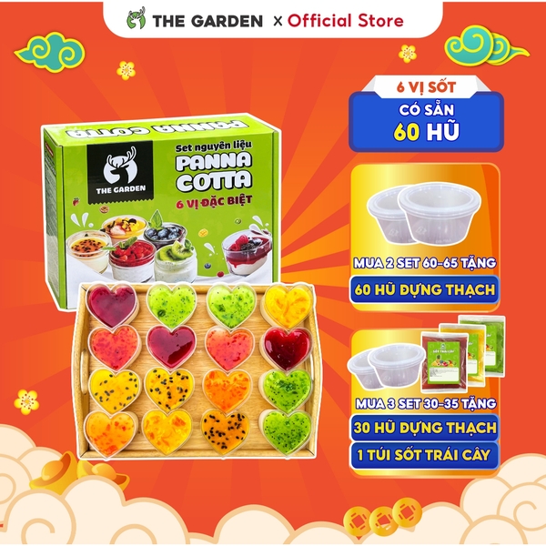 Set nguyên liệu Panna Cotta THE GARDE 60-65 hũ | 6 vị Dâu, Chanh leo, Việt Quất, Xoài, Đào, Dâu tằm