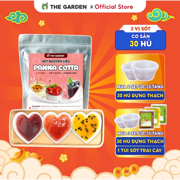 Set nguyên liệu Panna Cotta THE GARDE 30-35 hũ | 3 vị Dâu, Chanh leo, Việt Quất