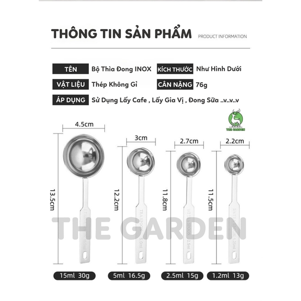Bộ thìa đong Inox 4 chiếc | Dung tích 1.25ml - 2.5ml - 5ml - 15ml