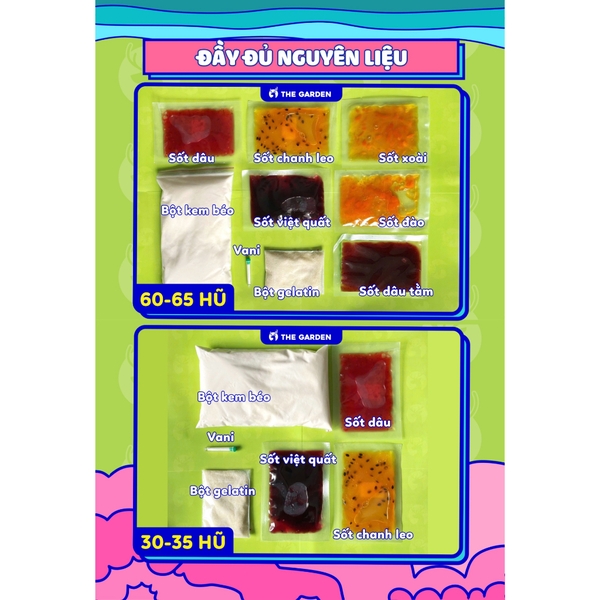 Set nguyên liệu Panna Cotta THE GARDE 60-65 hũ | 6 vị Dâu, Chanh leo, Việt Quất, Xoài, Đào, Dâu tằm