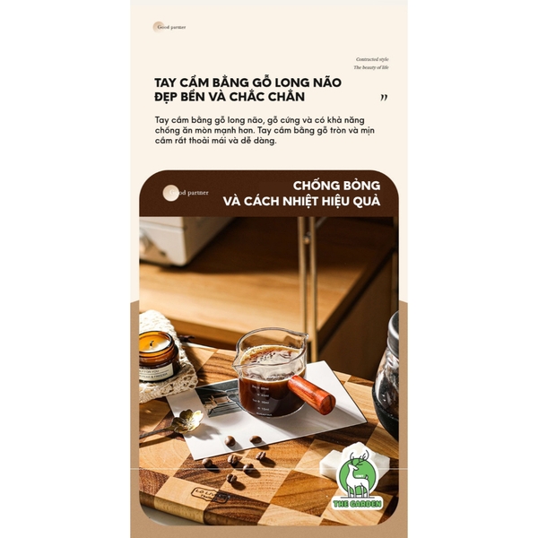 Cốc thủy tinh cán gỗ chia vạch| Dung tích 150ml và 75ml