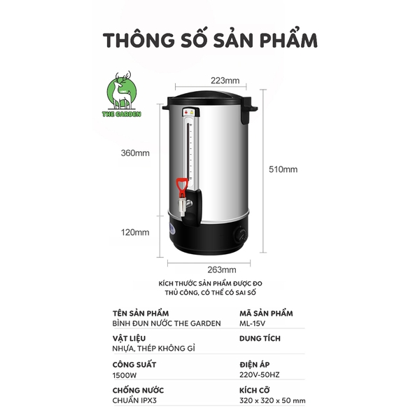 Bình Đun Nước Nóng THE GARDEN 12L | Công suất 1500W