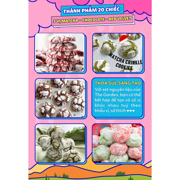 Set nguyên liệu làm bánh Crinkle Cookie THE GARDEN| 20 chiếc | 3 vị Socola - Matcha -  Red Velvet