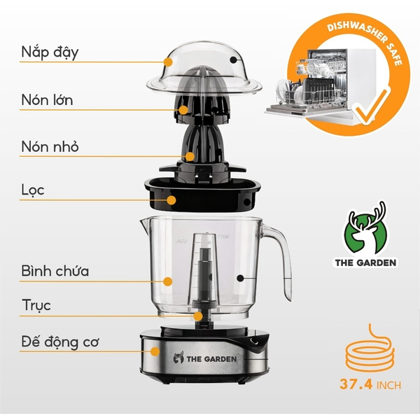 Máy Vắt Cam THE GARDEN TG-40 – Dung tích lớn 1.2L, Có Hai Đầu Vắt Lớn – Nhỏ, Công Suất 40W, Vắt Kiệt Nước