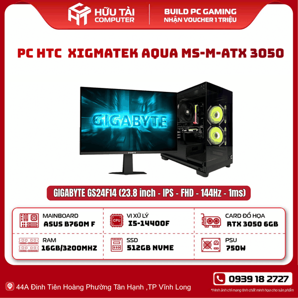PC HTC 0726 XIGMATEK AQUA MS-M-ATX 3050 (B760, I5 14400F, 16GB, RTX 3050, 750W, MÀN HÌNH 24 INCH)