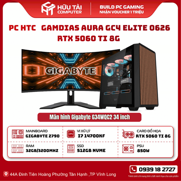 PC HTC Gamdias AURA GC4 ELITE 0626 rTX 5060 Ti 8G ( Z790, I7 14700KF, 32GB, 512GB, RTX 5060Ti, 850W)