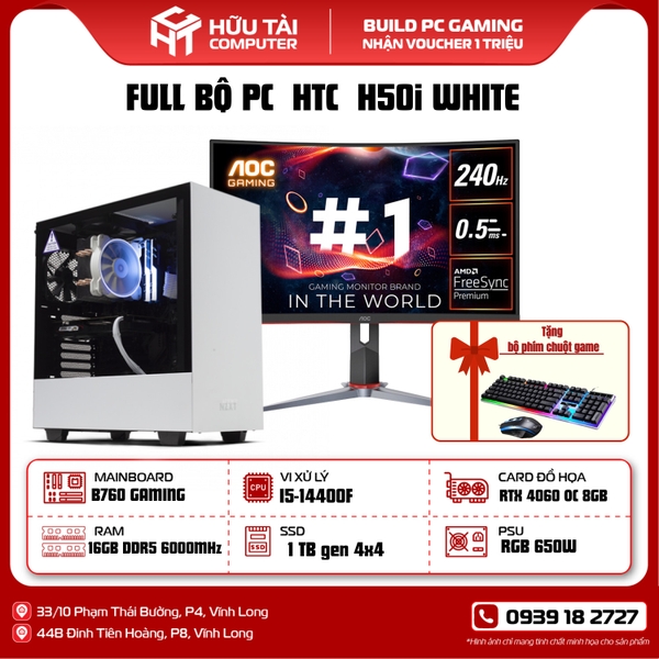 FULL BỘ PC HTC H50I WHITE (Main B760, CPU i5-14400F, RTX 4060 OC 8GB, Ram 16GB, SSD 1TB gen 4x4, PSU RGB 650W)