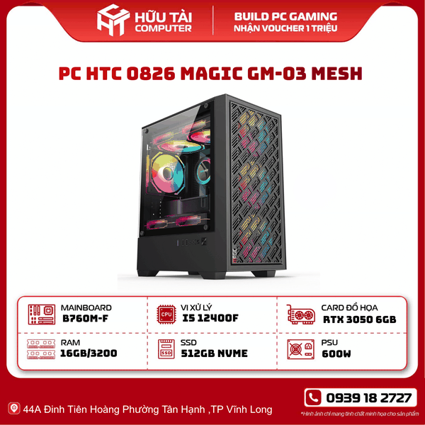 PC HTC 0826 MAGIC GM-03 MESH (B760, I5 12400F, 8GB, RTX 3050, 600W, SSD 512GB)