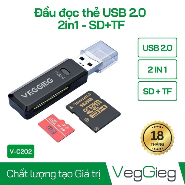 Đầu đọc thẻ USB 2.0 SD + TF Veggieg VC202