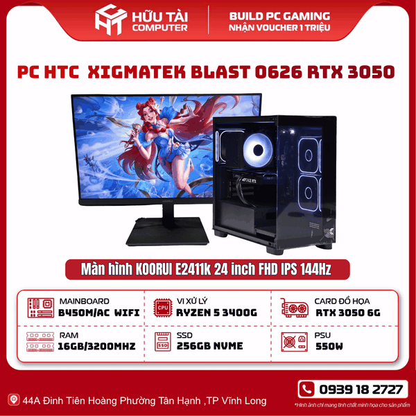 FULL PC HTC 0626 XIGMATEK BLAST 0626 RTX3050 (B450M AC, RYZEN 5 3400G,  16GB DDR4, RTX 3050 6GB,  256GB, 550W, MH 24inch)