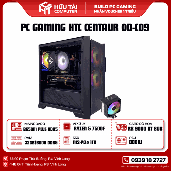 PC GAMING HTC CENTAUR OD-C09 (B650M PLUS DDR5,RYZEN 5 7500F,RX 9060 XT 8GB,32GB/6000 DDR5,800W)