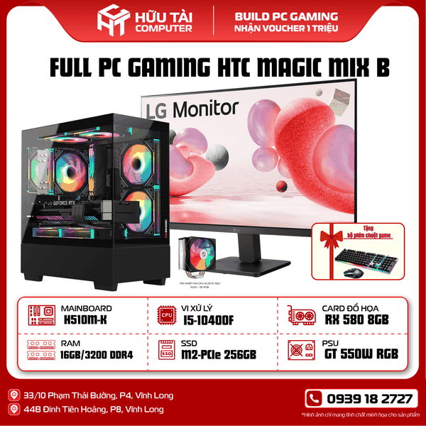 FULL PC HTC MAGIC MIX B ( MAIN H510M, CPU i5-10400F - 2.50GHZ, VGA RX 580 8GB , SSD M2-PCIe 256GB, PSU 550W,RAM16GB)