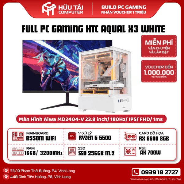 FULL PC GAMING HTC AQUAL X3 WHITE ( Main B550M WIFI, CPU ryzen 5 5500, SSD 256GB, Ram 16GB, VGA RX 6600 8GB, CASE AQUAL X3 WHITE, Màn hình 24 inch Aiwa 180hz)