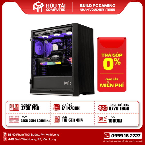 PC GAMING HTC  MIK STORM 360 BLACK 3FA (  Main Asrock Z790 PRO RS WIFI DDR5, i7 14700K, RAM 32GB , SSD 1TB,  NZXT C1000 GOLD 1000W ,VGA A770 TITAN OC Edition 16GB, CASE MIK STORM 360 BLACK 3FA)
