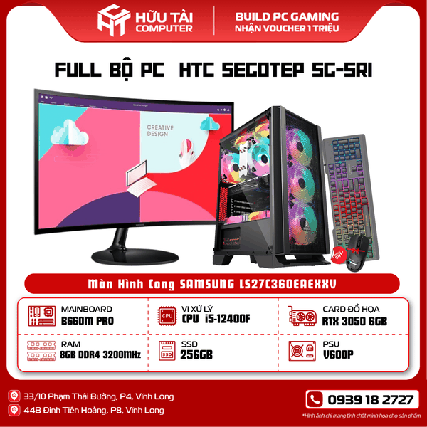 FULL PC GAMING HTC GAMING SEGOTEP SG-SR1 (  MAIN ASROCK B660M PRO, i5-12400F  ,Team T-Force Delta TUF Gaming Alliance 8GB , AGI AI198 256G NVME , VSP Elite Active PFC V600P, MSI GeForce RTX 3050 VENTUS 2X 6G OC, AIO AURA GL360 V2 BLACK GAMDIAS , Vỏ case Segotep SG-SR1, SAMSUNG LS27C360EAEXXV   )