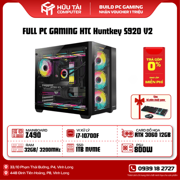 FULL PC GAMING HTC  Huntkey S920 V2 (Main Z490, i7 10700F, RAM 32GB , SSD 1TB,  NGUỒN 800W ,VGA RTX 3060 12GB, CASE Huntkey S980)