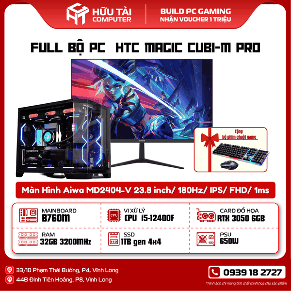 FULL PC GAMING HTC  MAGIC Cubi-M Pro Màn hình 24 inch 180Hz (Main B760M, i7 14700K, RAM 32GB , SSD 1TB,  NGUỒN 650W ,VGA RTX 3050 6GB, CASE MAGIC Cubi-M Pro Black)