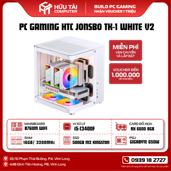 PC GAMING HTC JONSBO TK-1 WHITE V2 (Main B760M-AYW WIFI D4, CPUi5 13400F,SSD Kingston NV3 500GB, NGUỒN GIGABYTE 650W, Radeon RX 6600, RGB 16GB 3200 White, Vỏ case Jonsbo TK-1, Tản nhiệt nước Thermalright Frozen WarfRame 240 )