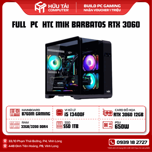 FULL PC GAMING  HTC MIK BARBATOS RTX3060 12GB (B760M ,I5 13400F, RAM 32GB, SSD 1TB, PSU 650W, RTX3060 12GB)