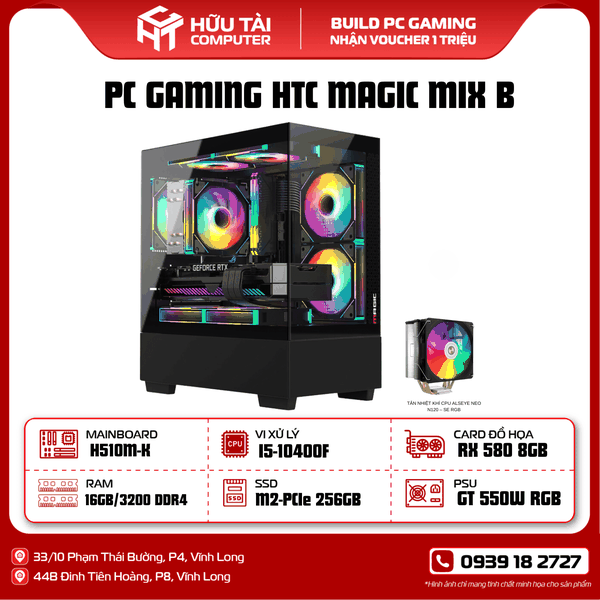 PC GAMING HTC MAGIC MIX B ( MAIN H510M, CPU i5-10400F - 2.50GHZ, VGA RX 580 8GB , SSD M2-PCIe 256GB, PSU 550W,RAM16GB)