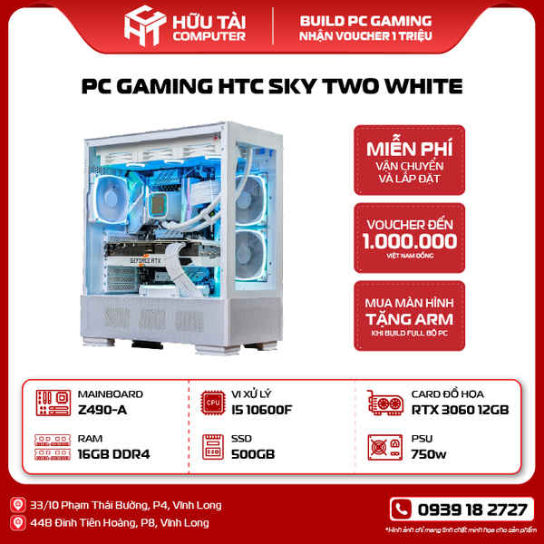 PC Gaming HTC SKY TWO WHITE (Z490, CPU i5 10600F, SSD 500GB, RAM 16GB, NVIDIA RXT 3060, PSU 750W)