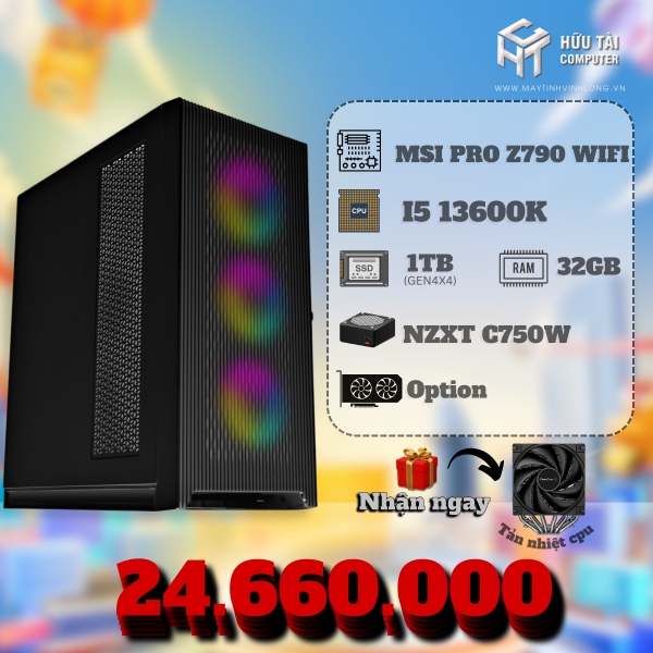 PC GAME (MSI PRO Z790 WIFI, CPU i5 13600K, RAM 32GB, SSD 1TB GEN 4x4, PSU NZXT C750W)