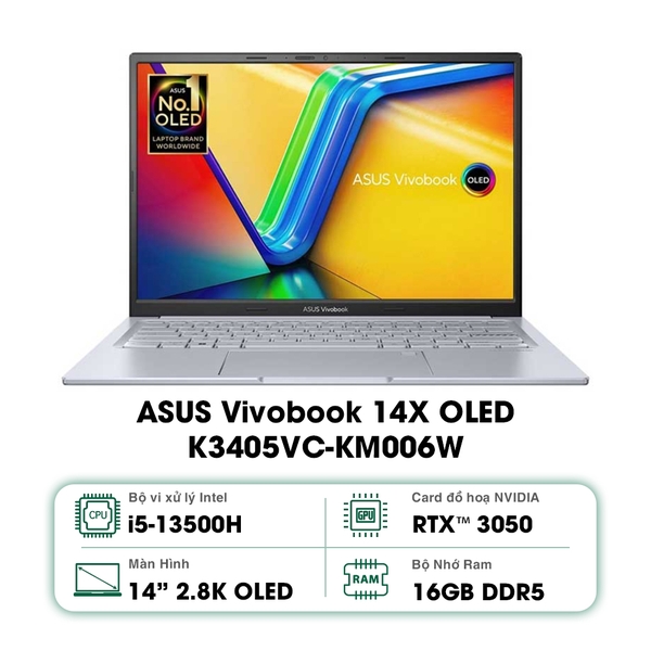 Laptop ASUS Vivobook 14X OLED K3405VC-KM006W (Intel Core i5-13500H | 16GB | 512GB | RTX 3050 | 14 inch 2.8K OLED | Win 11 | Bạc)