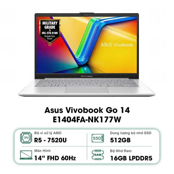 Laptop Asus Vivobook Go 14 E1404FA-NK177W (Ryzen 5 7520U | 16GB | 512GB | 14 inch FHD | AMD Radeon Graphics | Win 11 | Bạc)