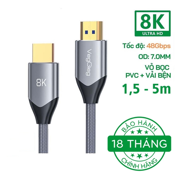 Cáp HDMI 2.1 VegGieg 4K144Hz/8K60Hz V-H402 (dài 1,5m - 5m)