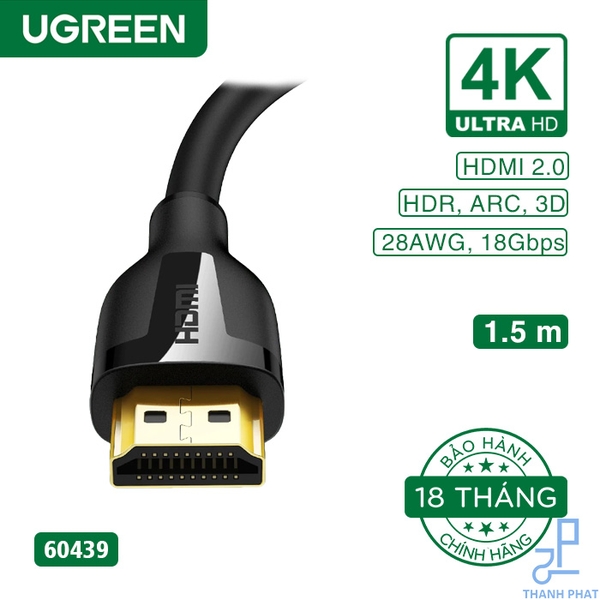 Cáp HDMI 2.0 cao cấp dài 1,5m 4K@60Hz Ugreen 60439